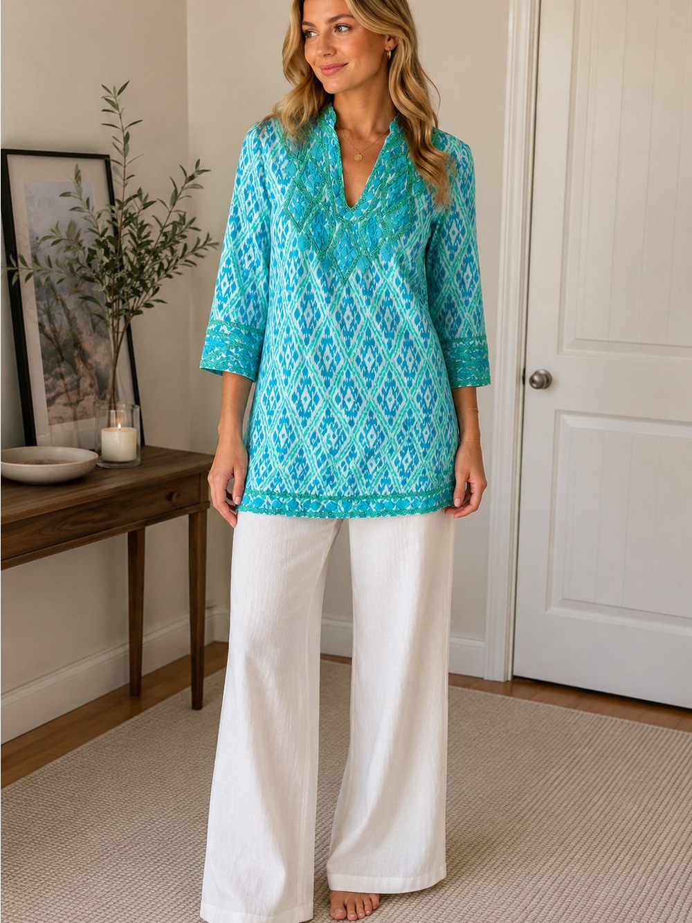 Gretchen Scott Designs Aqua-Turquoise Ikat Geometric V-Neck Tunic